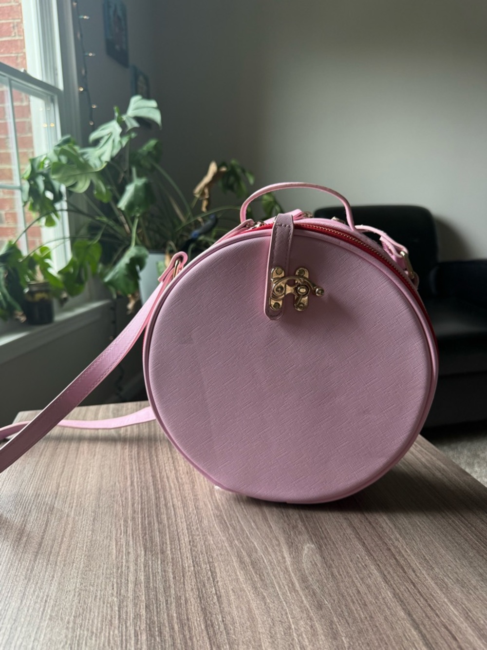 Ollie Quinn Pink Round Crossbody Bag with Gold Hardware